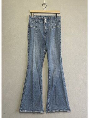 We The Free Jayde Flare Jeans High Rise Double Button Light Wash Distressed 31